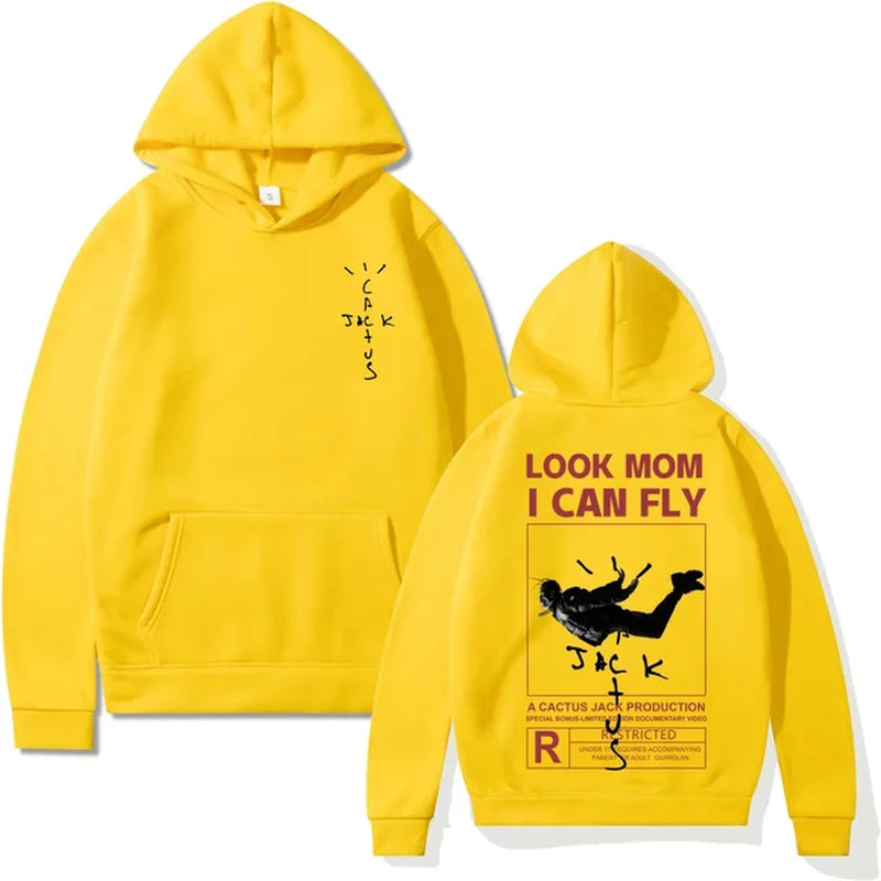 Cactus-Jack Hoodie Men Women Double-Sided Logo Print LOOK MOM I CAN FLY Cactus Jack Hoodies Unisex Fashion Hip Hop Streetwear