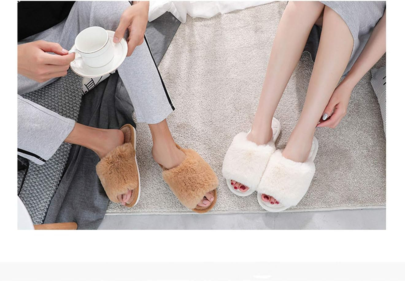 Women'S Fuzzy Fur Flat Slippers Soft Open Toe House Slippers Memory Foam Sandals Slides Home Slippers for Girls Men Indoor Outdoor