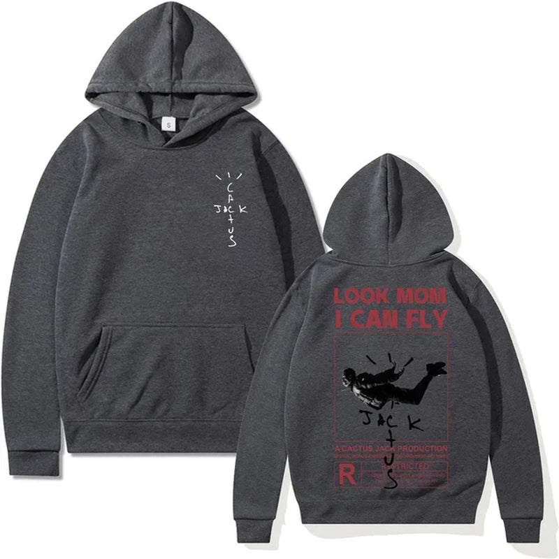 Cactus-Jack Hoodie Men Women Double-Sided Logo Print LOOK MOM I CAN FLY Cactus Jack Hoodies Unisex Fashion Hip Hop Streetwear