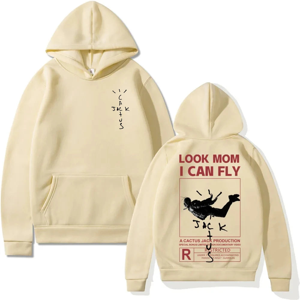 Cactus-Jack Hoodie Men Women Double-Sided Logo Print LOOK MOM I CAN FLY Cactus Jack Hoodies Unisex Fashion Hip Hop Streetwear