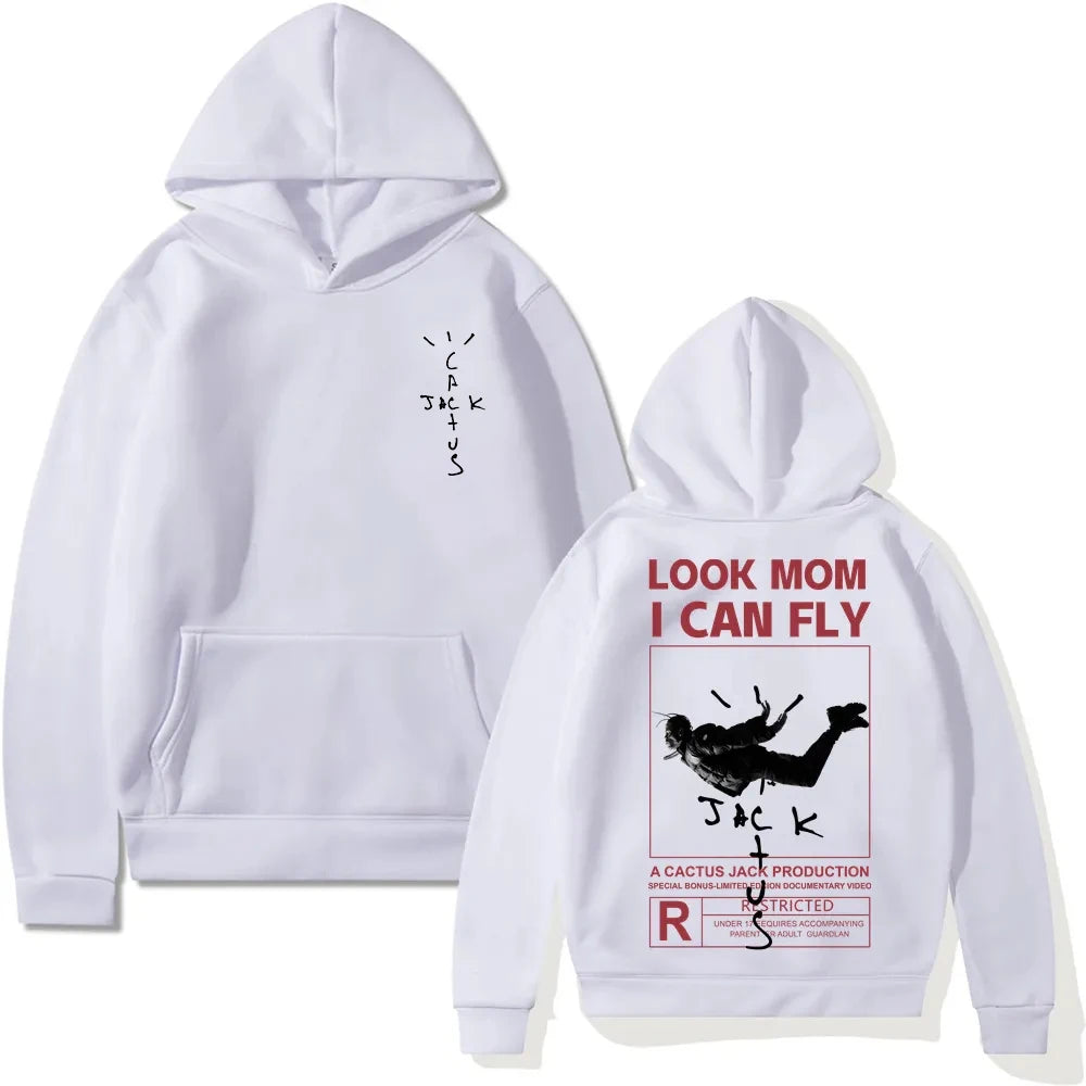 Cactus-Jack Hoodie Men Women Double-Sided Logo Print LOOK MOM I CAN FLY Cactus Jack Hoodies Unisex Fashion Hip Hop Streetwear