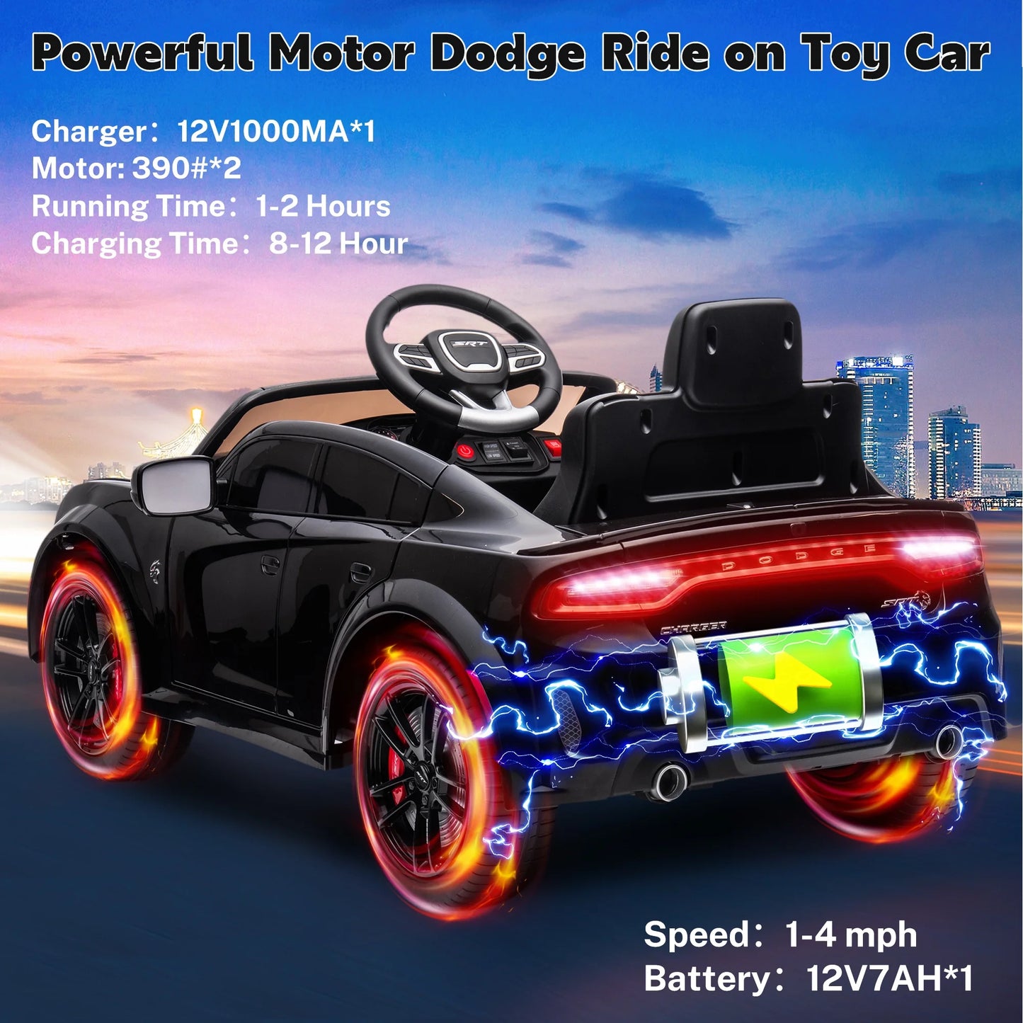 Dodge Electric Ride on Cars for Kids, 12V Licensed Dodge Charger SRT Powered Ride on Toys Cars with Parent Remote Control, Electric Car for Girls 3-5 W/Music Player/Led Headlights/Safety Belt, Black