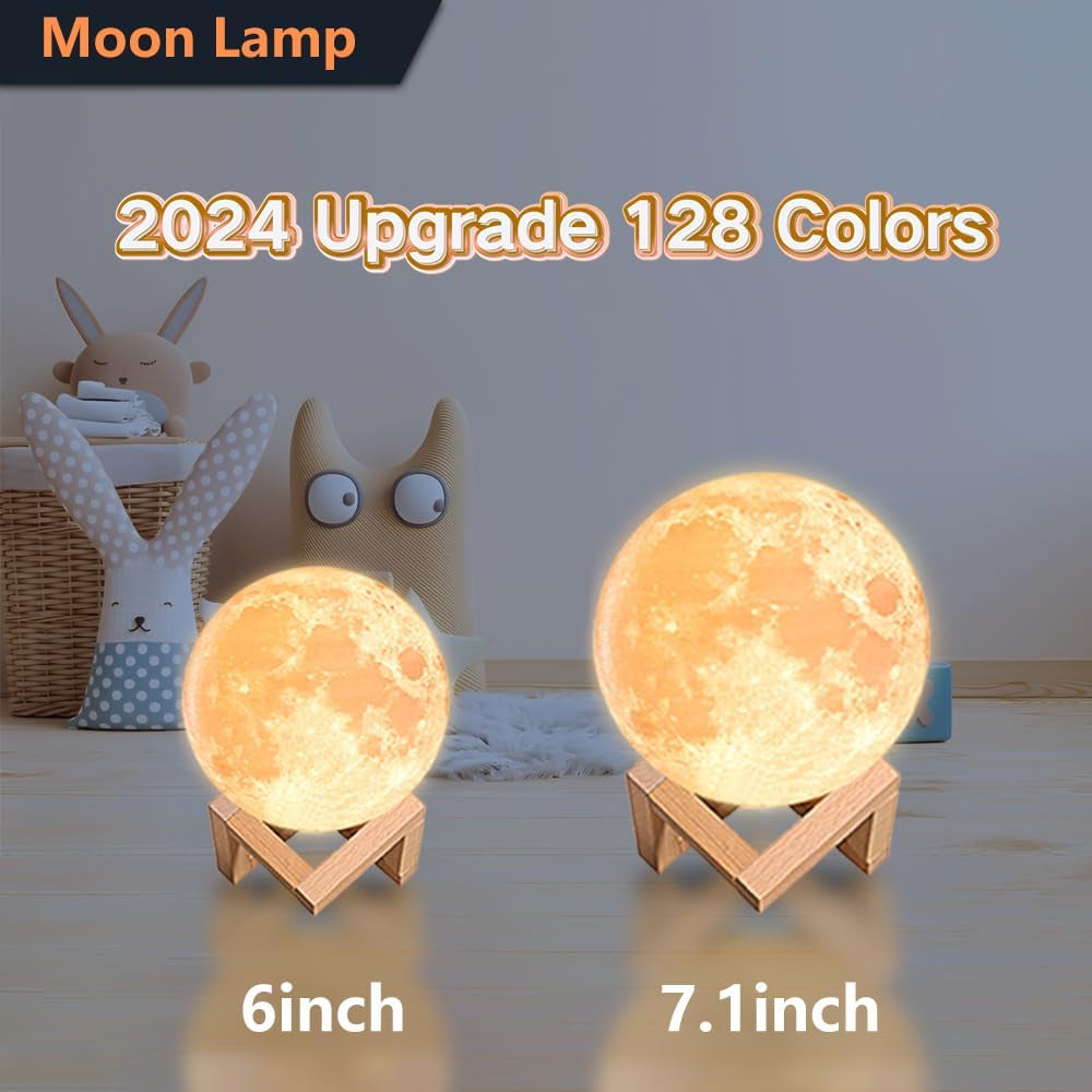 Moon Lamp 2024 Upgrade 128 Colors with Timing Moon Night Light for Kids- Wooden Stand & Remote/Touch Control 5.9 Inch