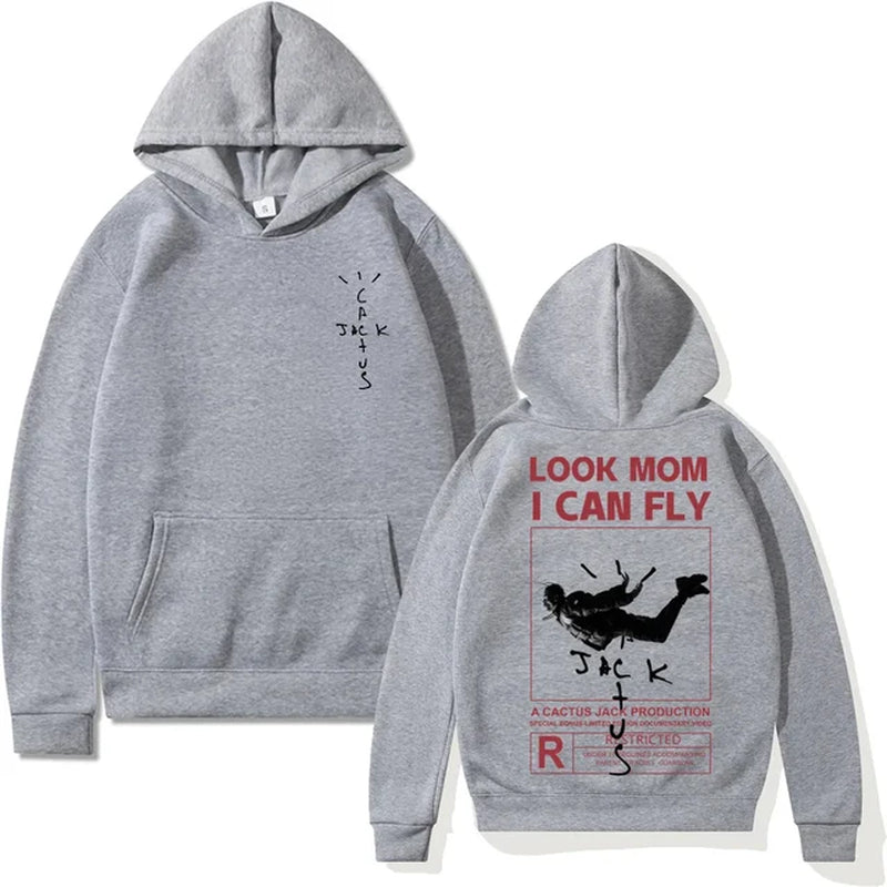 Cactus-Jack Hoodie Men Women Double-Sided Logo Print LOOK MOM I CAN FLY Cactus Jack Hoodies Unisex Fashion Hip Hop Streetwear