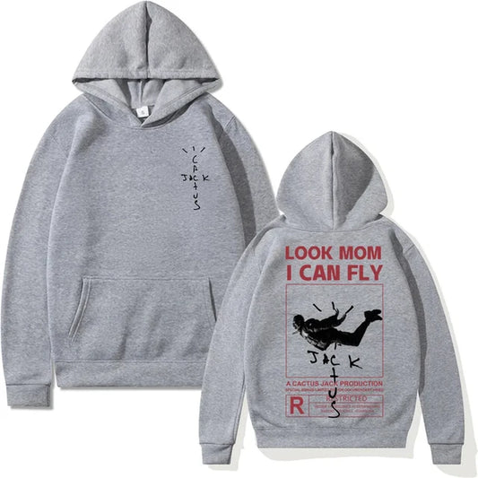 Cactus-Jack Hoodie Men Women Double-Sided Logo Print LOOK MOM I CAN FLY Cactus Jack Hoodies Unisex Fashion Hip Hop Streetwear