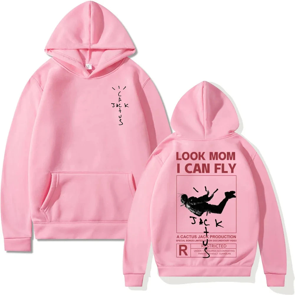 Cactus-Jack Hoodie Men Women Double-Sided Logo Print LOOK MOM I CAN FLY Cactus Jack Hoodies Unisex Fashion Hip Hop Streetwear